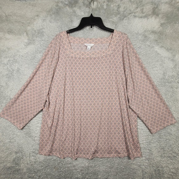 Liz Claiborne Womens 2X Pink Geometric Print 3/4 Sleeve Square Neck Top - Picture 1 of 7
